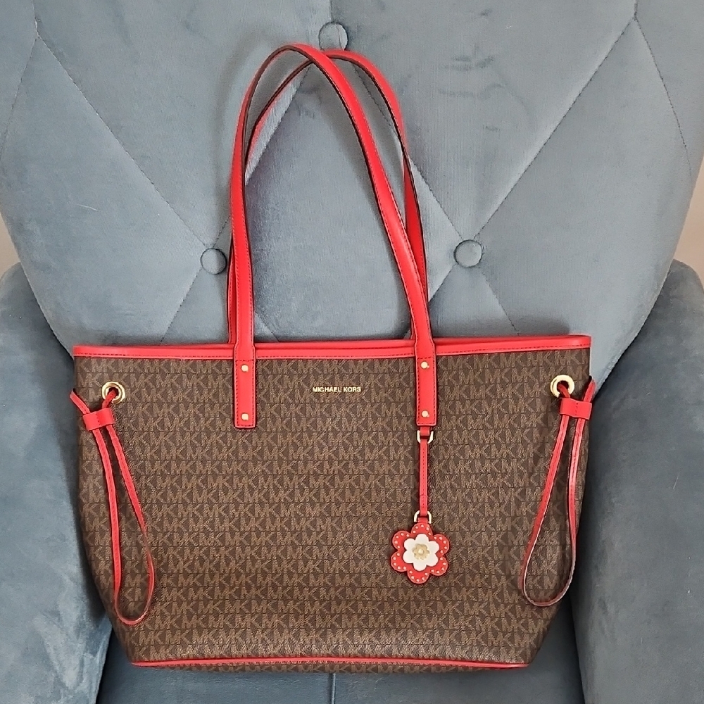 Michael Kors Brown Tote with Red Accents